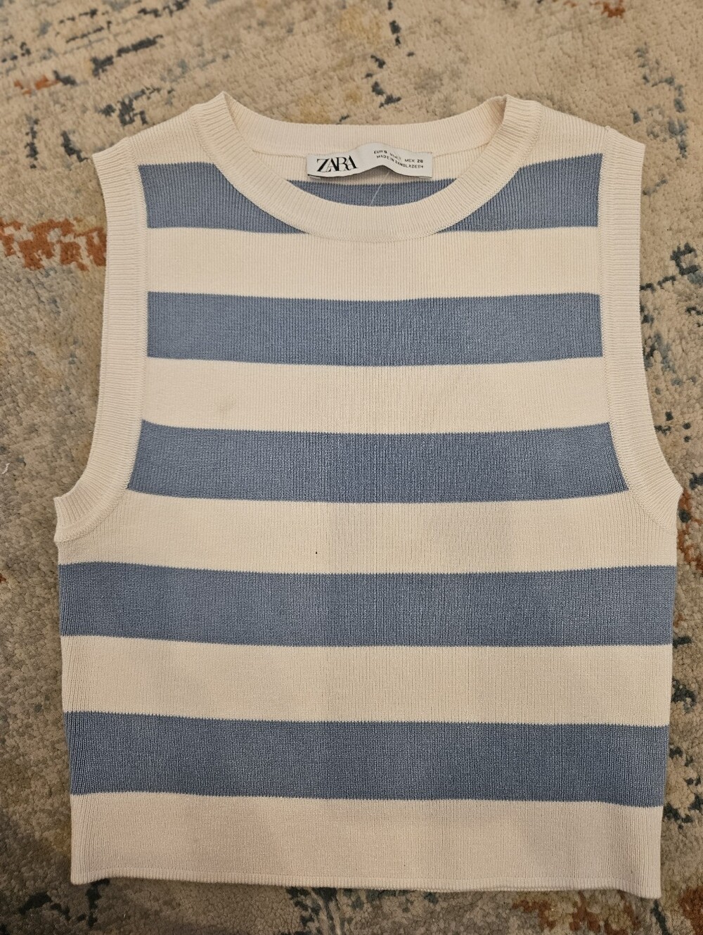 Zara Cream and Light Blue Striped Knit Sleeveless Crop Top Y2k Style Top